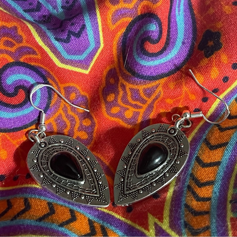 New S925 Sterling Silver Artisan Natural Polished Black Onyx Tibetan Earrings - Picture 11 of 13